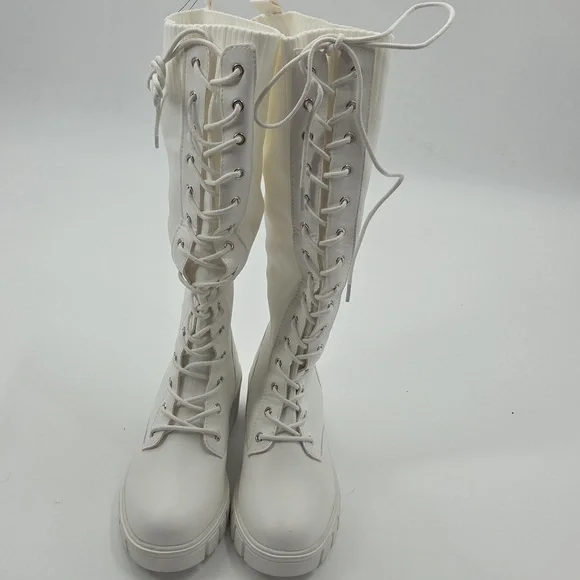 Women's White Knee-High Lace-Up Boots PU and Knit Material New - Picture 8 of 16